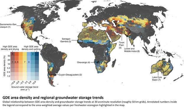 global map - groundwater dependent ecosystems (GDE) area density and regional groundwater storage trends