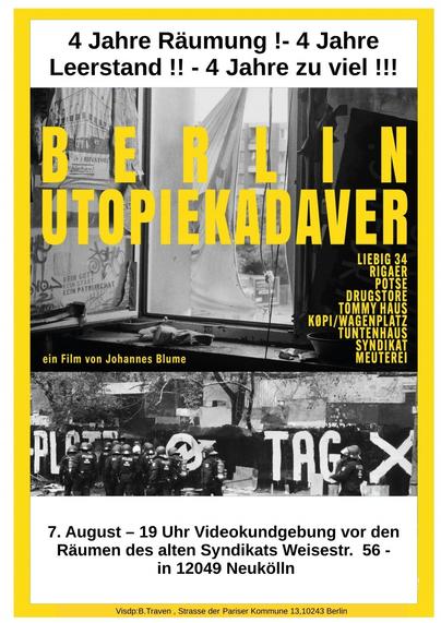 💥Ankündigung! Mittwoch 07.08.2024💥

🔥4 Jahre Räumung! - 4 Jahre Leerstand!! - 4 Jahre zu viel!!!🔥

Mittwoch, 07.08.2024 | ab 19:00 Uhr | Weisestraße 56 12049 Berlin

Anreise: U8 Boddinstraße, Bus 104, 166

📣 Aufruf: https://t.me/syndikat44/1829

#b0708 #SyndikatLebt!
