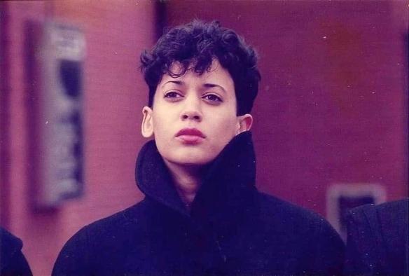 A Kamala Harris photo where she looks like a singer from an intense but highly marketable pop group from the 80's