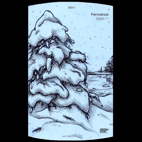 A ballpoint ink sketch for the Inktober 2023 Day 20 Prompt, "Frost".  It is a snow-covered pine tree on the left in a mound of snow.  In the mid-ground is a mostly frozen lake with small piles of snow floating.  In the distance is another piece of land with more pine trees, slightly reflected in the lake surface.  Bits of snow are falling from the sky.

It is sketched on a pale blue Behr brand paint chip, the color name is Permafrost.