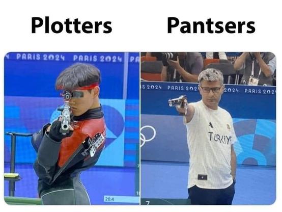 Meme showing images from the 2024 Olympics, in the target shooting contest. On the left, the athlete is dressed in fancy specialized clothing, with special targetting eyewear and gloves designed for the sport. Their posture is alert and tight, with both hands on the gun as they face sideways and look sharply over their right shoulder.

On the right, the athlete from Turkey is wearing a T-shirt and jeans. He has no speciality gear, and is wearing his standard prescription glasses. His posture is incredibly relaxed and casual, with his left hand resting in his pants pocket, and only his right hand holding the gun.

The meme text calls the first one a “Plotter” and the relaxed Turk a “Pantser.” 

[These are terms used to describe the two approaches to writing fiction, one which uses a lot of planning, and the other where the author writes “by the seat of their pants.”]