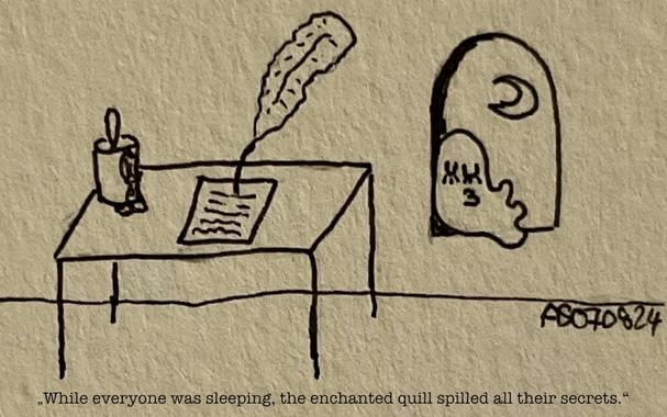 A simple line drawing of a desk with a feather quill writing on a piece of paper. An unlit candle is on the left side of the desk. To the right, there's a window with a crescent moon and a sleeping ghost, apparently snoring.