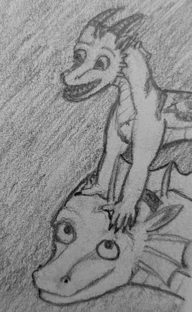 a very small young dragon has a joyful expression and is standing on the head of an adult dragon who is much larger and is looking up at the young dragon with a smile the adult dragon is missing his horns