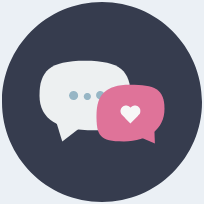 speech bubbles graphic within a grey circle. One of the speech bubbles contains a heart and the other three dots.