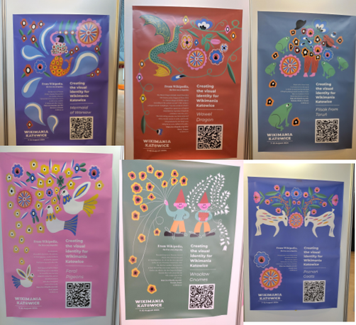 Designs der diesjährigen Wikimania 2024: sechs Poster mit unterschiedlichen Figuren. 1) Meerjungfrau von Warschau, 2) Drache aus Märchen, 3) Frösche aus Märchen, 4) Tauben, 5) Die Zwerge von Wroclaw Glowny und 6) Ziegen. Alles im Stile traditioneller polnischer Stickereien.