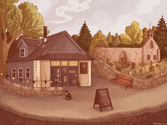 A drawing of The Wedale Bookshop, including Lucas the Cat, drawn by local illustrator Morvern Anderson.