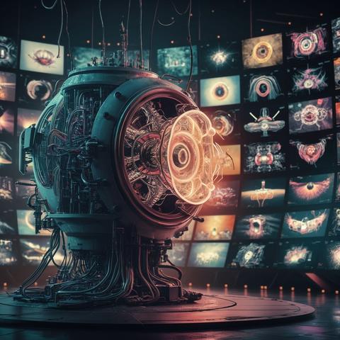 A futuristic, intricate machine with glowing elements is at the center, surrounded by numerous screens displaying cosmic and abstract designs in a dimly lit, high-tech setting.