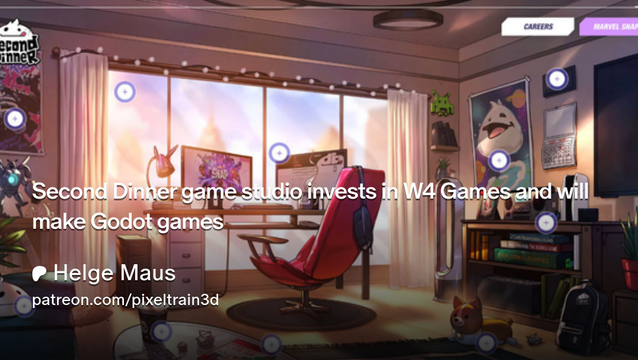 Second Dinner game studio invests in W4 Games and will make Godot games. Link to an article of Helge Maus on his Patreon. The background is a screenshot of the website of Second Dinner, showing a players room with a game computer, toys and funny posters on the wall. Everthing in a stylized style.