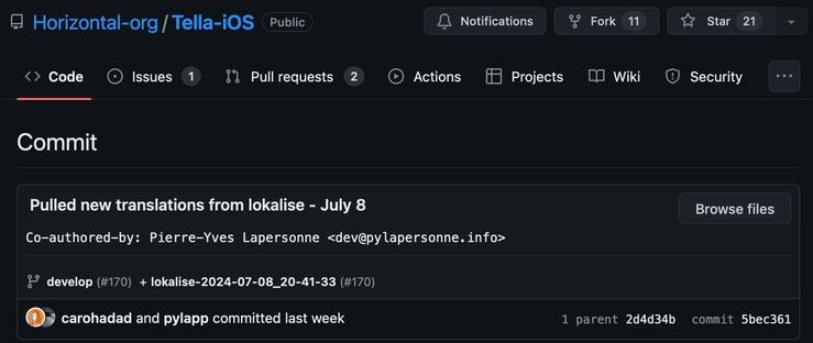Screenshot of a GitHub repository named "Tella-iOS" under the organization "Horizontal-org." It shows a commit titled "Pulled new translations from lokalise - July 8," co-authored by Pierre-Yves Lapersonne.
