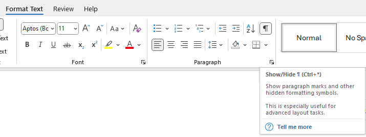 A screenshot of the menu ribbon from Microsoft Outlook. We are on the Format Text tab, in the Paragraph section and the typography symbol for Paragraph, a backwards P with double vertical bars, has a square drawn around it indicating it is active.

I never turned this on, nor did I use the Ctrl + * keystroke to enable this.