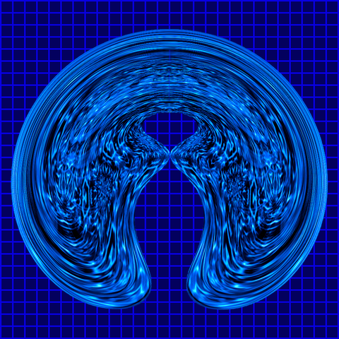 Saddle-shaped blob of glistening blue water against a blue grid background