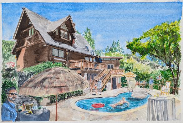 A watercolor painting of a party around a swimming pool in the backyard of a stately home in the green hills of mMll Valley, california. The house has a tall peaked roof. There are straw Tiki umbrellas around the pool, and a guy floating in a pool float