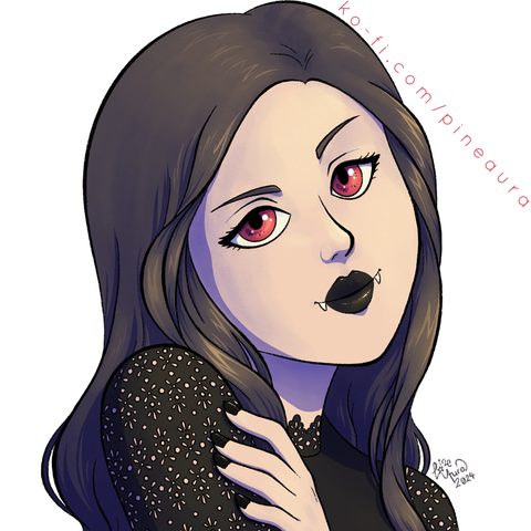 A digital art icon made for snowgray of their original character, Amandine. She has dark gray hair, pale skin, ruby red eyes, black lipstick and nail polish, and is adorn with a black lace top. She's looking towards the viewer with a slight snarky smile, her vampire teeth poking through.
