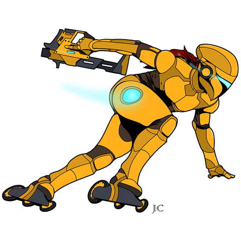 Woman in high tech armor and powered rollerblades executes a turn while holding a futuristic gun