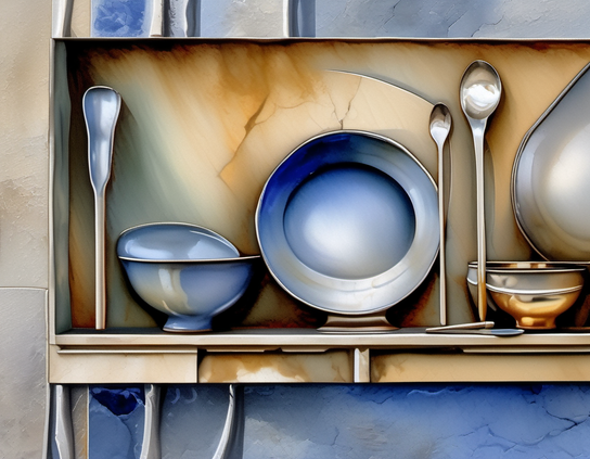 Whimsical still life of shiny metallic kitchen plates, bowls, and odd spoons, neatly arranged on a shelf against a soft, gradient background, in predominantly  blue, gold, and beige, with a modern and surreal aesthetic.