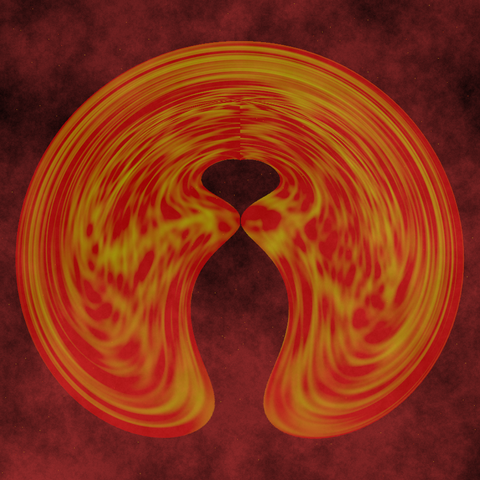Saddle-shaped fireball in front of a background of maroon-colored smoke and floating sparks