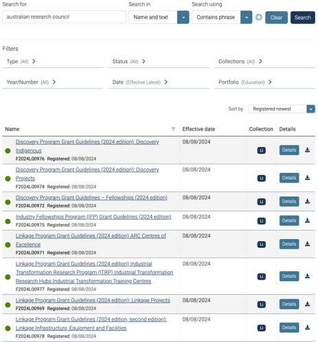 Screenshot of search results in Federal Register of Legislation showing the new ARC grant scheme guidelines.