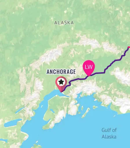 Ausschnitt aus der Trackingseite. Auf einer Landkarte ist Anchorage in Alaska markiert und daneben der Tracker von Lael.