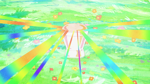 A toilet in a green field with rainbow laser beams shooting out