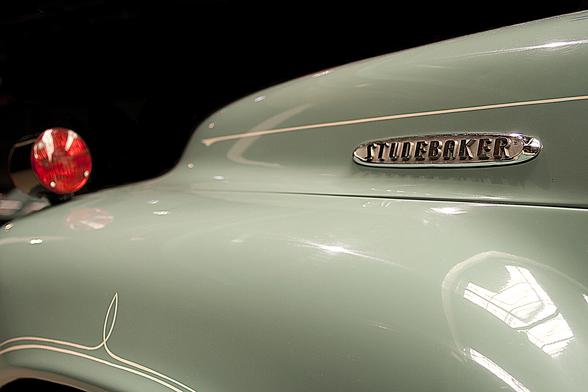 Close-up of a hood of the vintage Studebaker Champion 1941 at an exhibition at the Pennsylvania Railroad museum in Lancaster