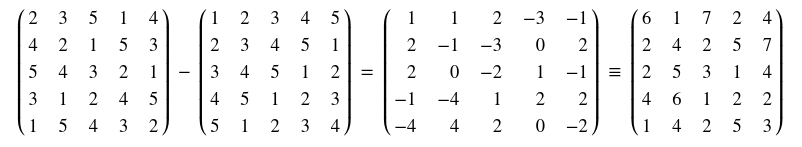 An equation showing the subtraction of one 5×5 matrix of integers from another, followed by adding multiples of 5 to the result to make all its entries positive integers.

As described in the toot, every row and column of the resulting matrix makes sense as the siteswap notation for a juggling trick.