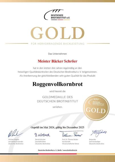 Auszeichnungsurkunde Roggenvollkornbrot
