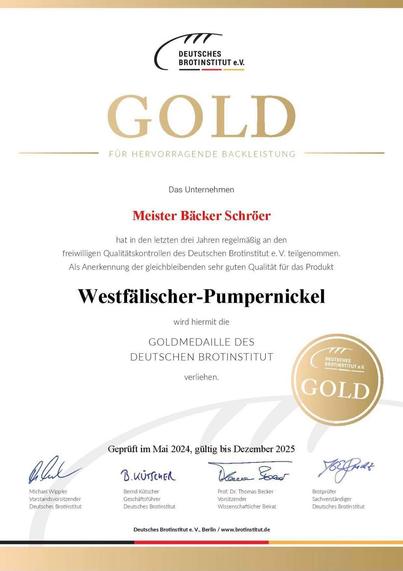 Auszeichnungsurkunde Westfälischer Pumpernickel