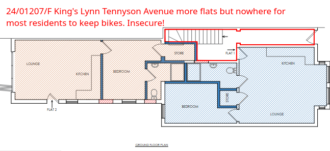 Plan of the ground floor. Nowhere to secure bikes for people living on upper floors. Even one ground floor flat would have to wheel the bike through their bedroom, while the other would have to hang the bike front-up.