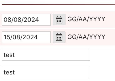 A set four form fields. Two date fields on top, two normal text fields below. The date fields have a datepicker icone and a string giving the user a hint for the expected format. It says "GG/AA/YYYY"