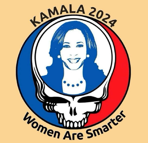 A picture of Kamala Harris on the steal your face Grateful Dead logo which is a skull with the wording from their song Women are Smarter below the skull.