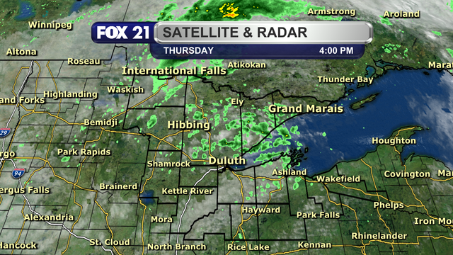 A view of the satellite and radar over the Northland at 4 p.m. on Thursday, August 8, 2024.  It shows scattered showers over the northern half of the region and the Bayfield Peninsula.  Some sunshine is still peeking through the scattered clouds elsewhere.