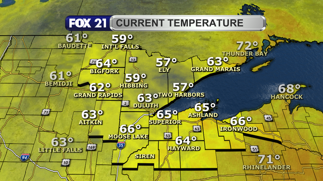 Temperatures in the Northland around 4 p.m. on August 8, 2024, range from 57 to 66 degrees.