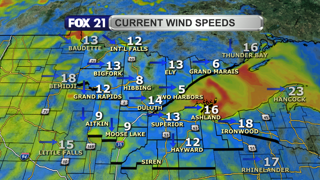 Wind speeds in the Northland around 4 p.m. on August 8, 2024, range from 6 to 18 mph.  Wind direction is primarily from the west and northwest.