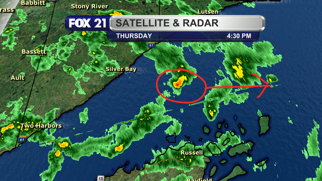 A view of the radar over the western region of Lake Superior at 4:30 p.m. on August 8, 2024.  One storm about 12 miles east of Silver Bay could be capable of producing a waterspout north of the Apostle Islands as it moves east.