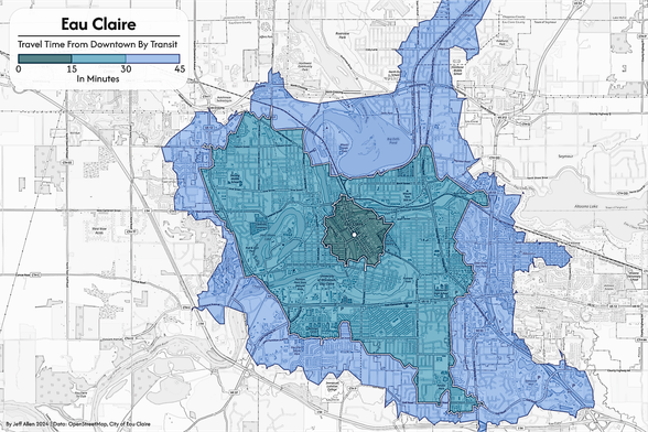 shaded isochrone map showing travel time by public transit from downtown eau claire in 15, 30, and 45 minute intervals