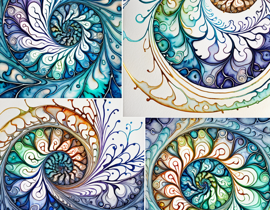 Four variations of a nautilus inspired spiral design, with vibrant blue, green, orange, and purple colors in intricate organic fractal patterns.