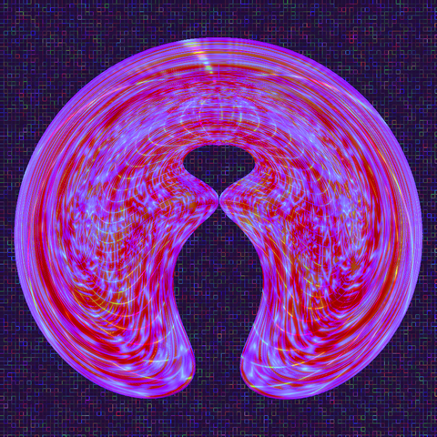 Pink saddle-shaped iridescent blob against a purple grid background