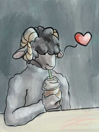 Anthro ram sitting at a table enjoying a drink with whipped cream on top. The style is watercolor, and is very textured.