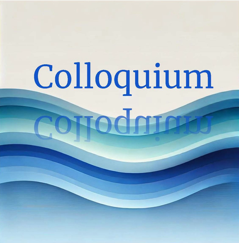 The word colloquium in blue letters mirrored over a pattern of waves in shades of blue.