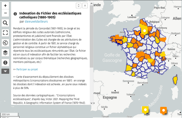 Carte d'avancement du projet collaboratif d'indexation du fichier des ecclésiastiques catholiques (1880-1905), accessible sur https://umap.openstreetmap.fr/fr/map/indexation-du-fichier-des-ecclesiastiques-catholiq_1041130