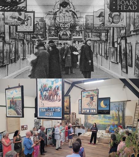 An archival black and white photo of people looking at pub signs on display in a gallery setting. Below this is a contempoarary colour picture showing a similar gallery setting with hand-painted pub signs hanging from the ceiling.