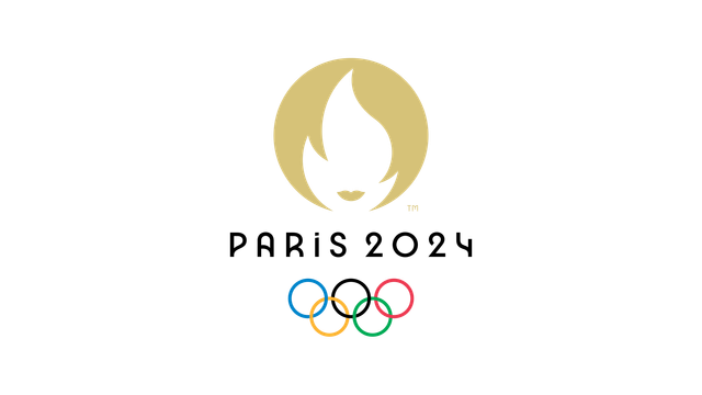 Die Grafik zeigt das offizielle Logo der Olympischen Sommerspiele 2024 in Paris. Das Logo besteht aus einer stilisierten, goldfarbenen Flamme, die gleichzeitig die Silhouette eines Frauenkopfes mit Haaren und Lippen darstellt. Unter der Flamme befinden sich der Schriftzug „Paris 2024“ und die fünf olympischen Ringe in den Farben Blau, Gelb, Schwarz, Grün und Rot.