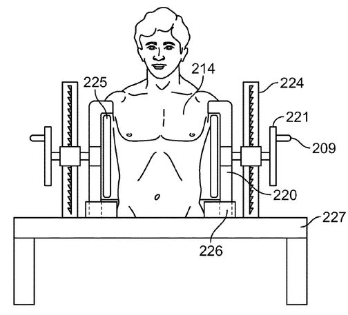 A patent drawing that appears to show the upper half of a man's body being squeezed in some sort of medieval vice.