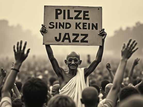 Vintage photo of Ghandi holidung up a sign. The sign reads "Pilze sind kein Jazz".