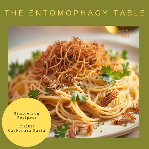 Cricket Bacon Carbonara Pasta with crispy crickets and fresh parsley. A sustainable twist on a classic dish by The Entomophagy Table, blending tradition with innovative insect cuisine.