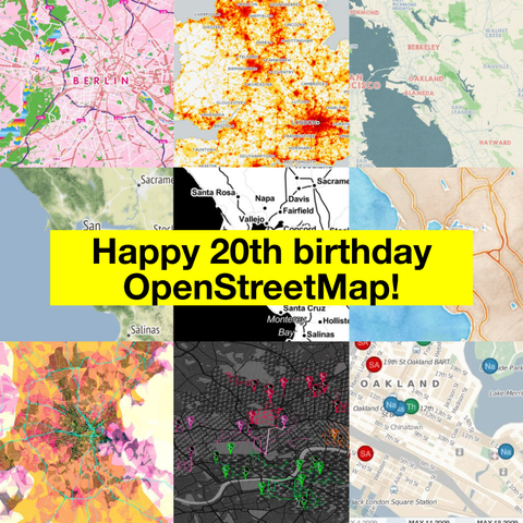 A montage of nine colorful maps arrayed in a 3 by 3 grid. Each map is a Stamen project using OpenStreetMap data, styled in a different way. A banner of text on top of the montage reads "Happy 20th birthday OpenStreetMap!" in black Helvetica text on top of a bright yellow banner.