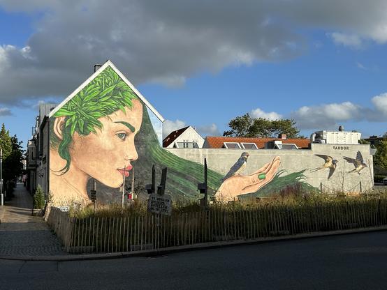Large mural on a building depicting a woman's profile with green leaf-like hair, extending her hand to birds.

Großes Wandbild auf einem Gebäude, das das Profil einer Frau mit grünen blattartigen Haaren darstellt und ihre Hand zu Vögeln ausstreckt.