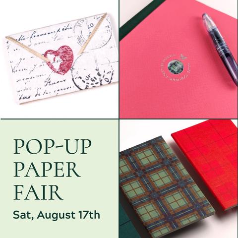 A grid of 4 images, 3 photos and 1 box of text. Text reads: Pop-up paper fair. Sat, August 17th, 2024. Three small plaid notebooks in bright red, light green with brown and dark green. A pink notebook with a dark green spine. It has a silver hologram sticker on the cover. A small plastic fountain fountain pen filled with blue ink lies on top. The third image shows a small paper envelope with a red heart, unreadable text and old postmark stamps.