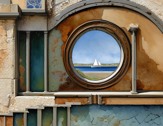A circular porthole window in a textured seawall with rustic colors and weathered surfaces, showing a sailboat on the ocean.