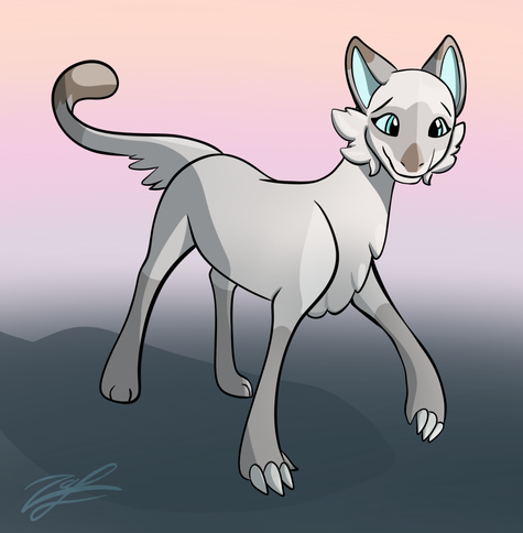 A drawing of an original species called a Llamagon. It's a llama-dragon hybrid, it looks sort of like a cat with deer proportions. Fairly neutral grey/brown colors, with very light teal-ish blue accents.